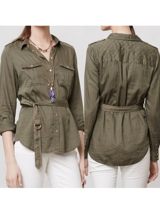 Anthropologie Tops - MAEVE ANTHROPOLOGIE Aveiro Safari Shirt Olive Green "Button Down" SNAPS /NO BELT